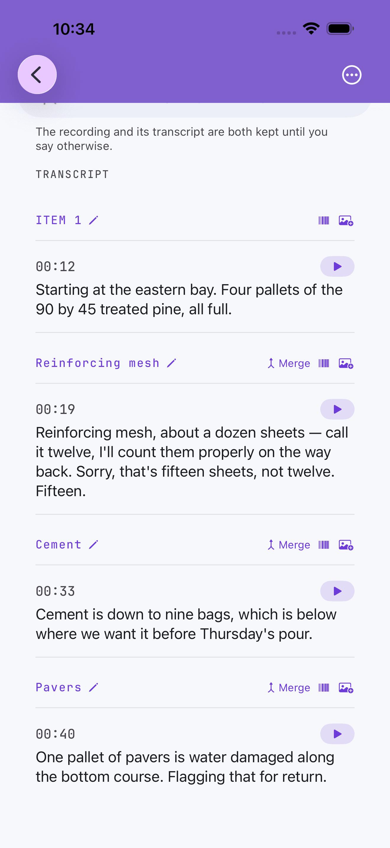 A transcribed walkthrough in Rapid Scribe: reinforcing mesh, cement and pavers, each a headed section with timestamped notes