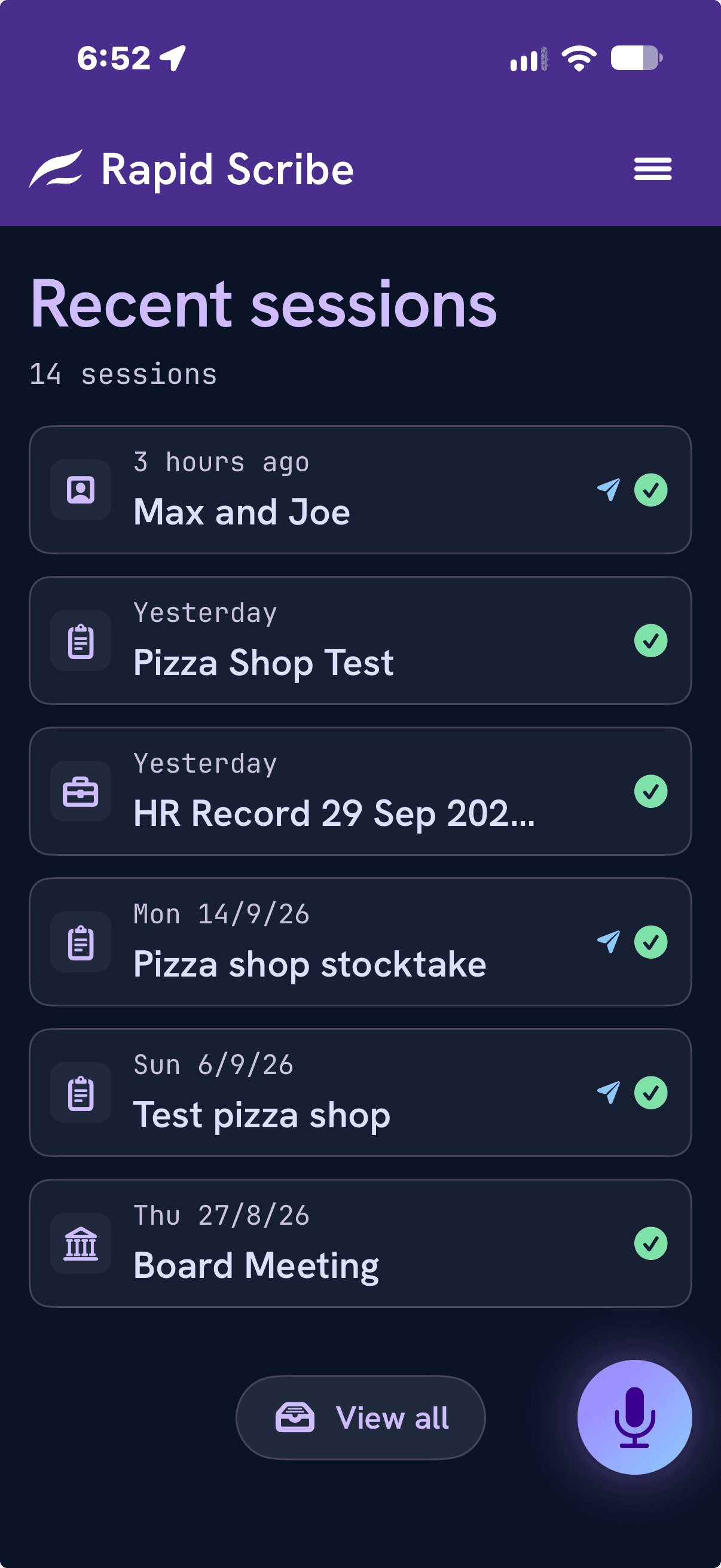 The same sessions in dark mode