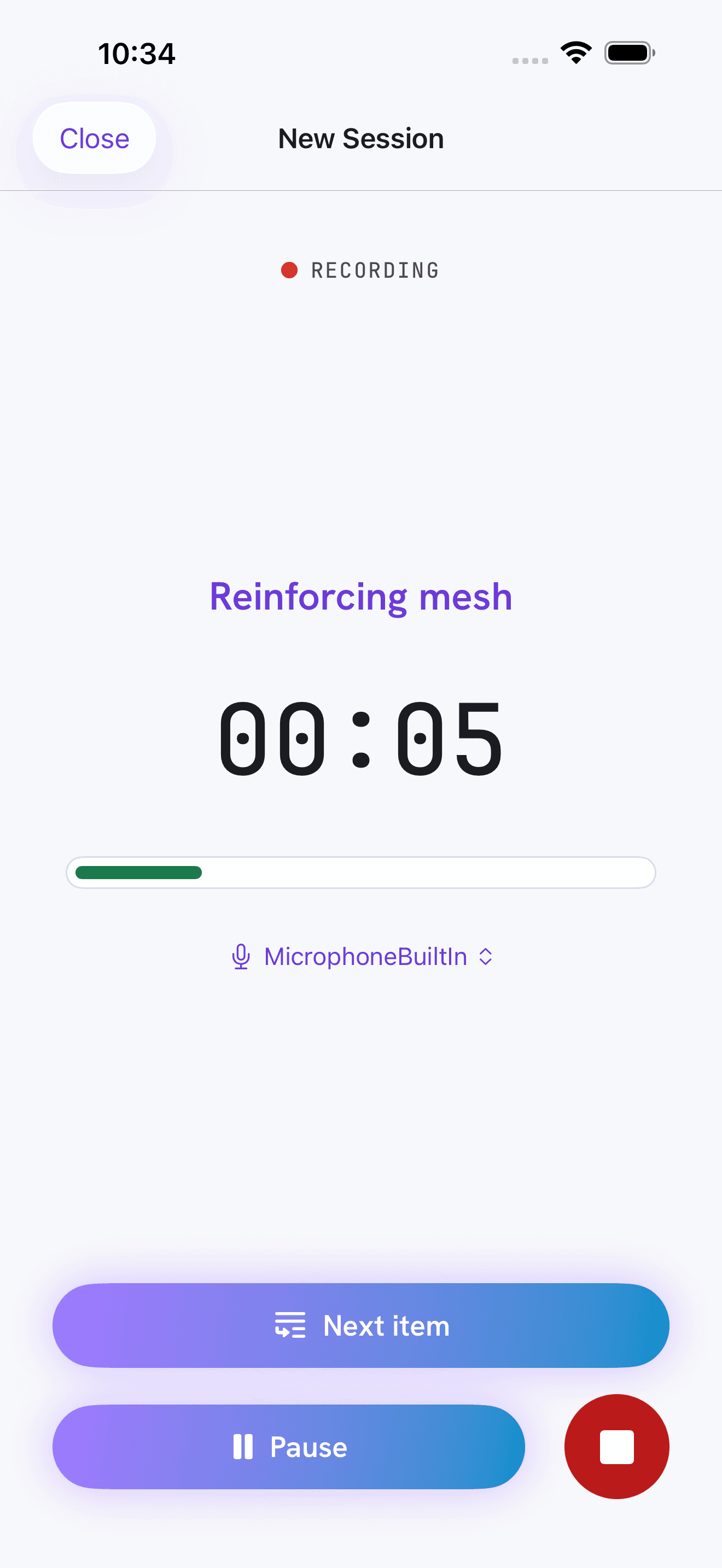 Recording a stocktake in Rapid Scribe, the current item named “Reinforcing mesh”, with a Next item button to move to the following one