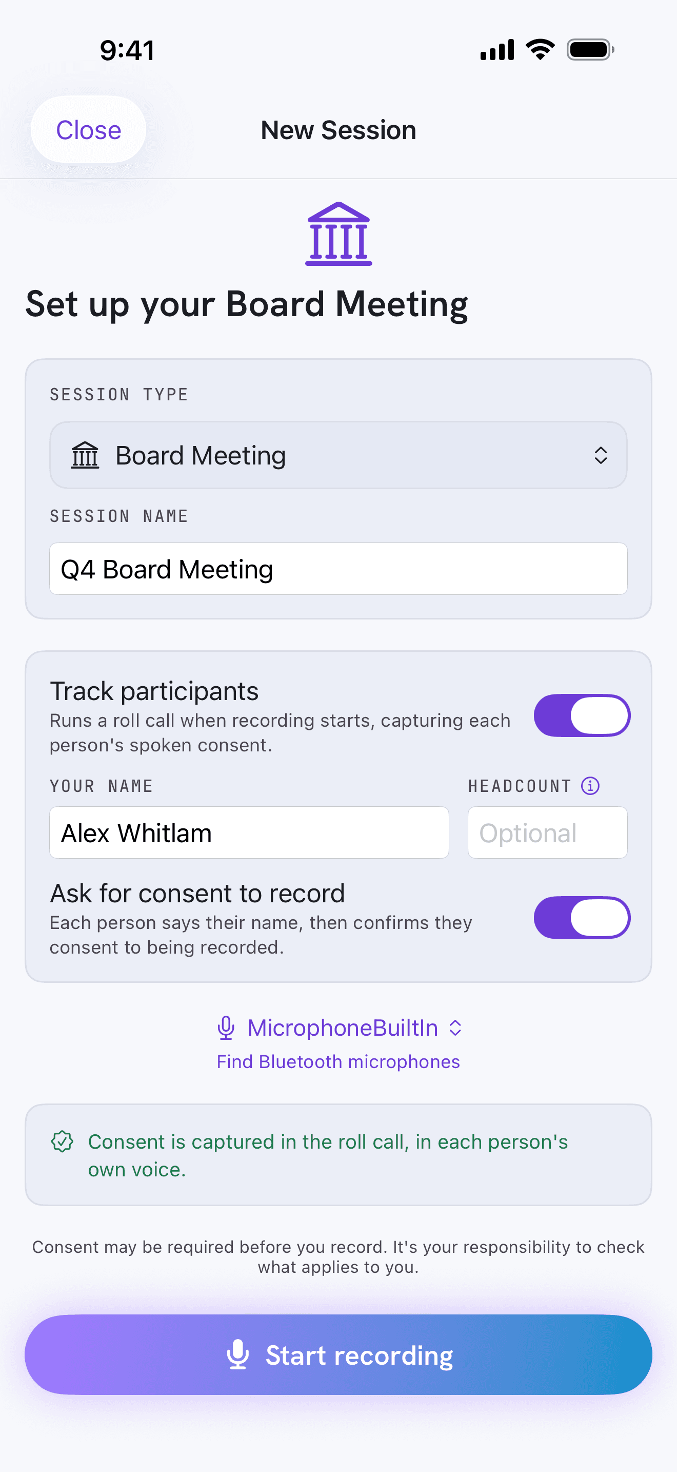 Setting up a board meeting in Rapid Scribe: Track participants runs a roll call when recording starts, and each person says their name then confirms they agree to being recorded