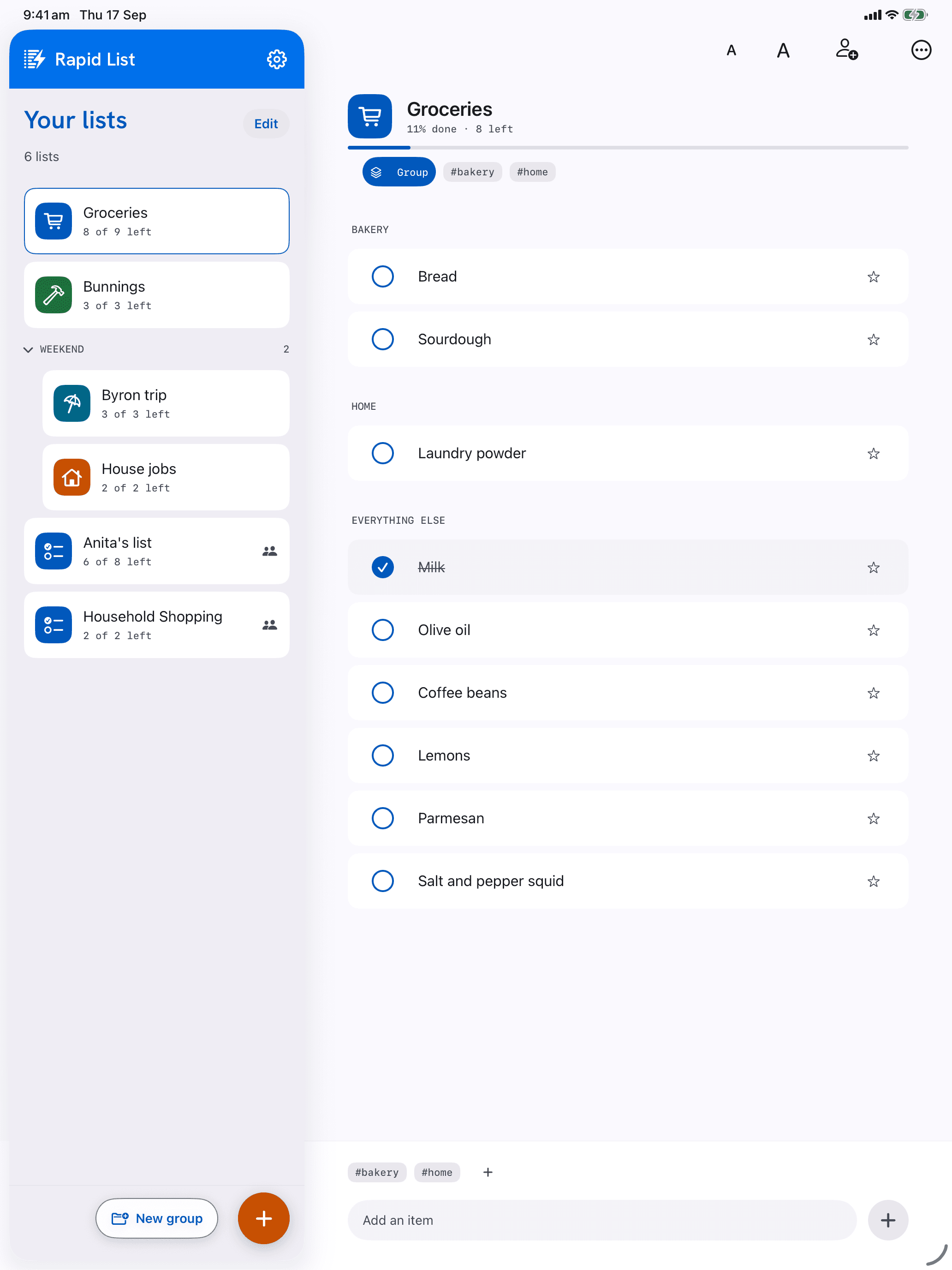Rapid List on iPad: your lists beside Groceries, sorted by tag into Bakery, Home and Everything else