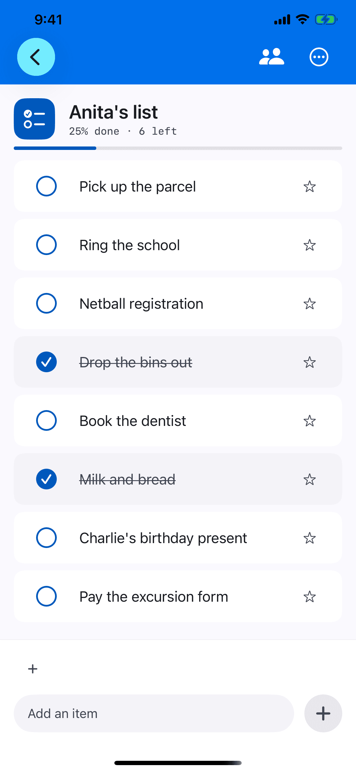 Anita’s list, a shared list: Pick up the parcel, Ring the school, Netball registration and more, with two things ticked off