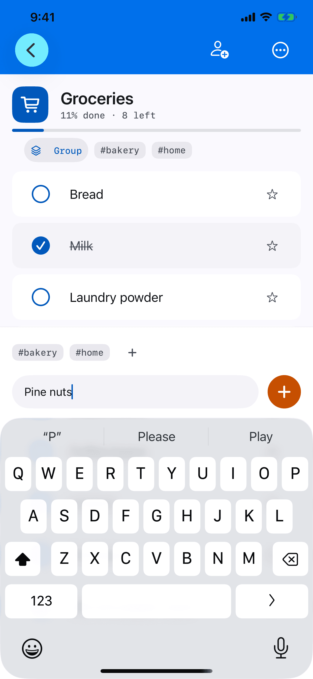 Typing Pine nuts into Groceries, with the keyboard up