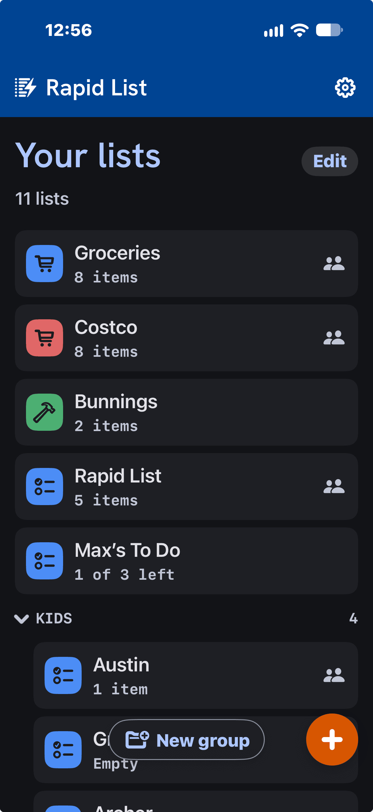 The same lists in dark mode