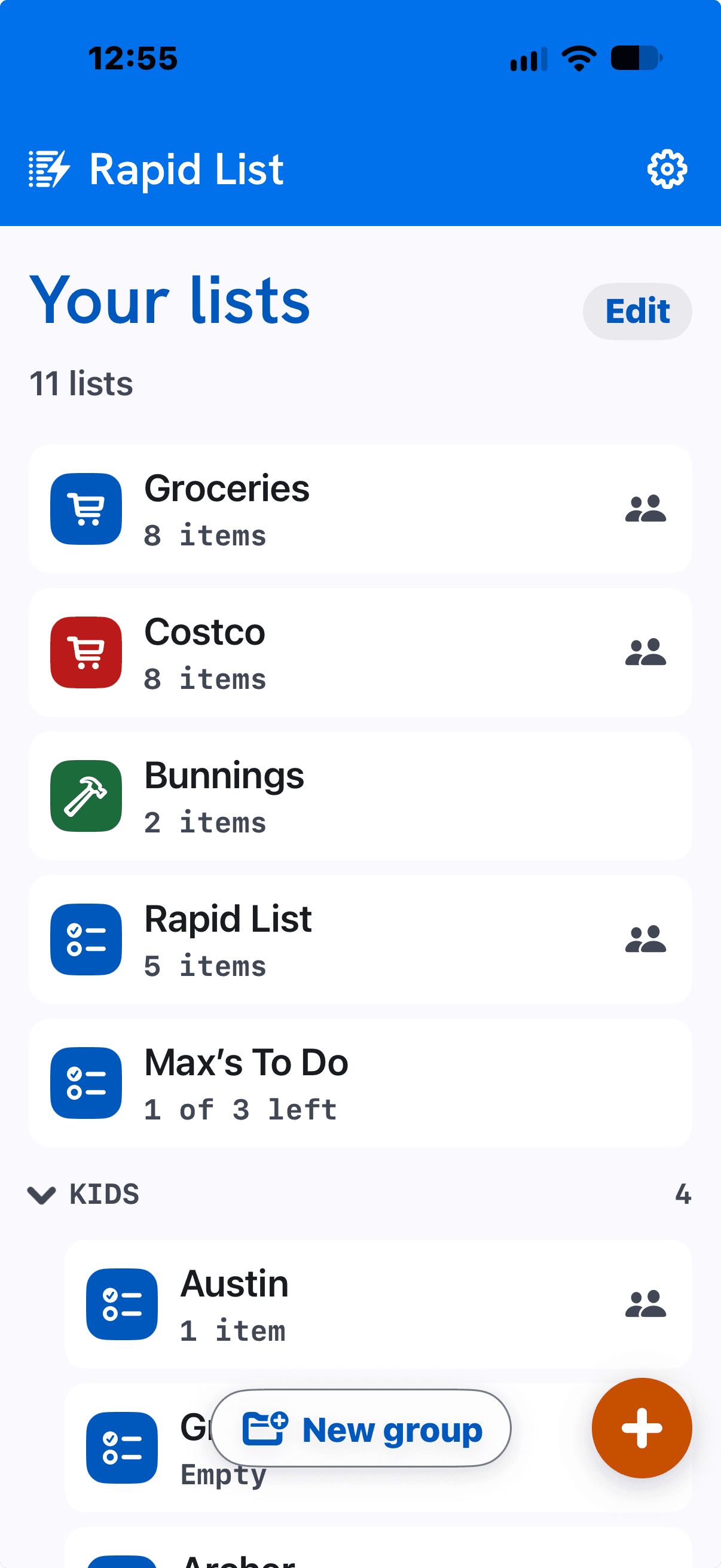 The Rapid List lists page in light mode: shared shopping lists and a to-do list, with a Kids group below