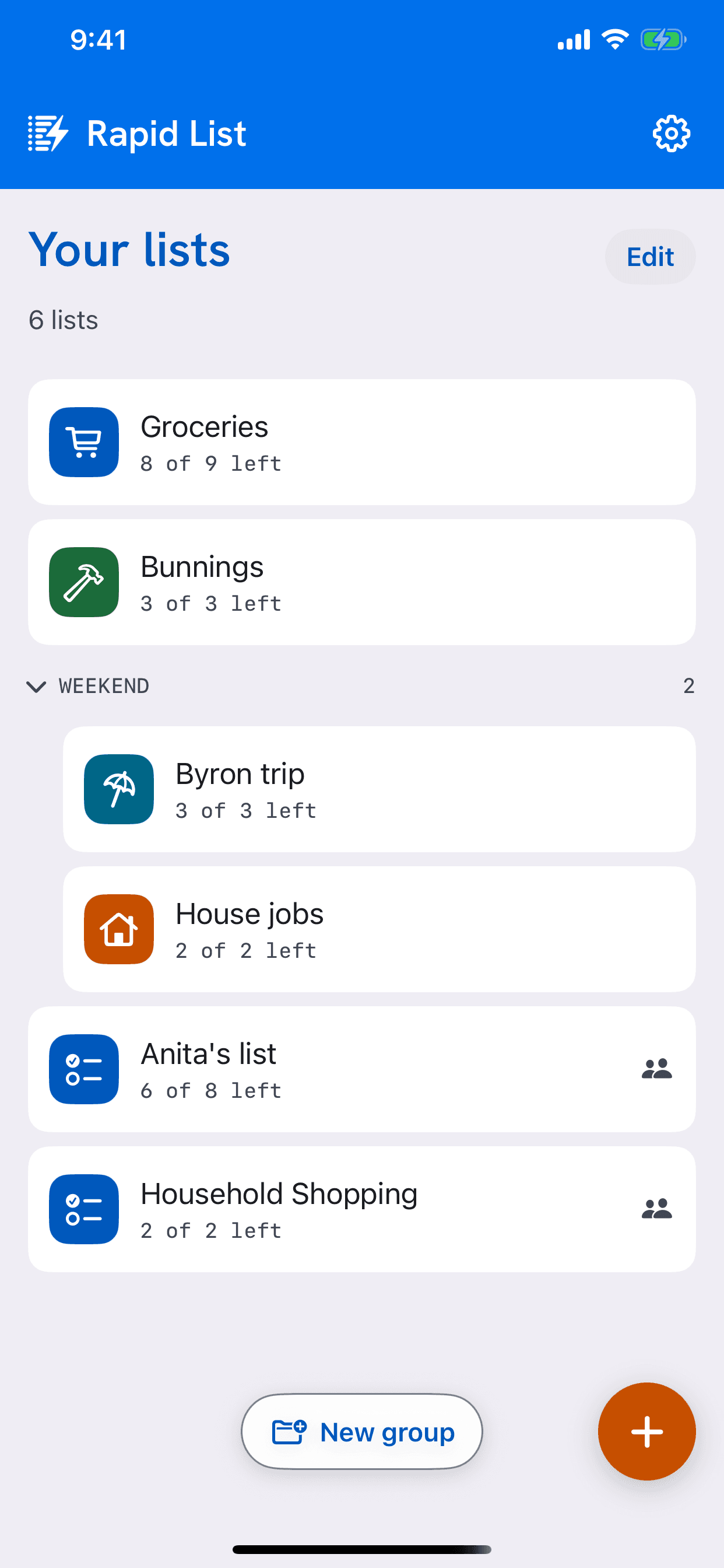 Your lists: Groceries, Bunnings, a Weekend group with Byron trip and House jobs, then two shared lists