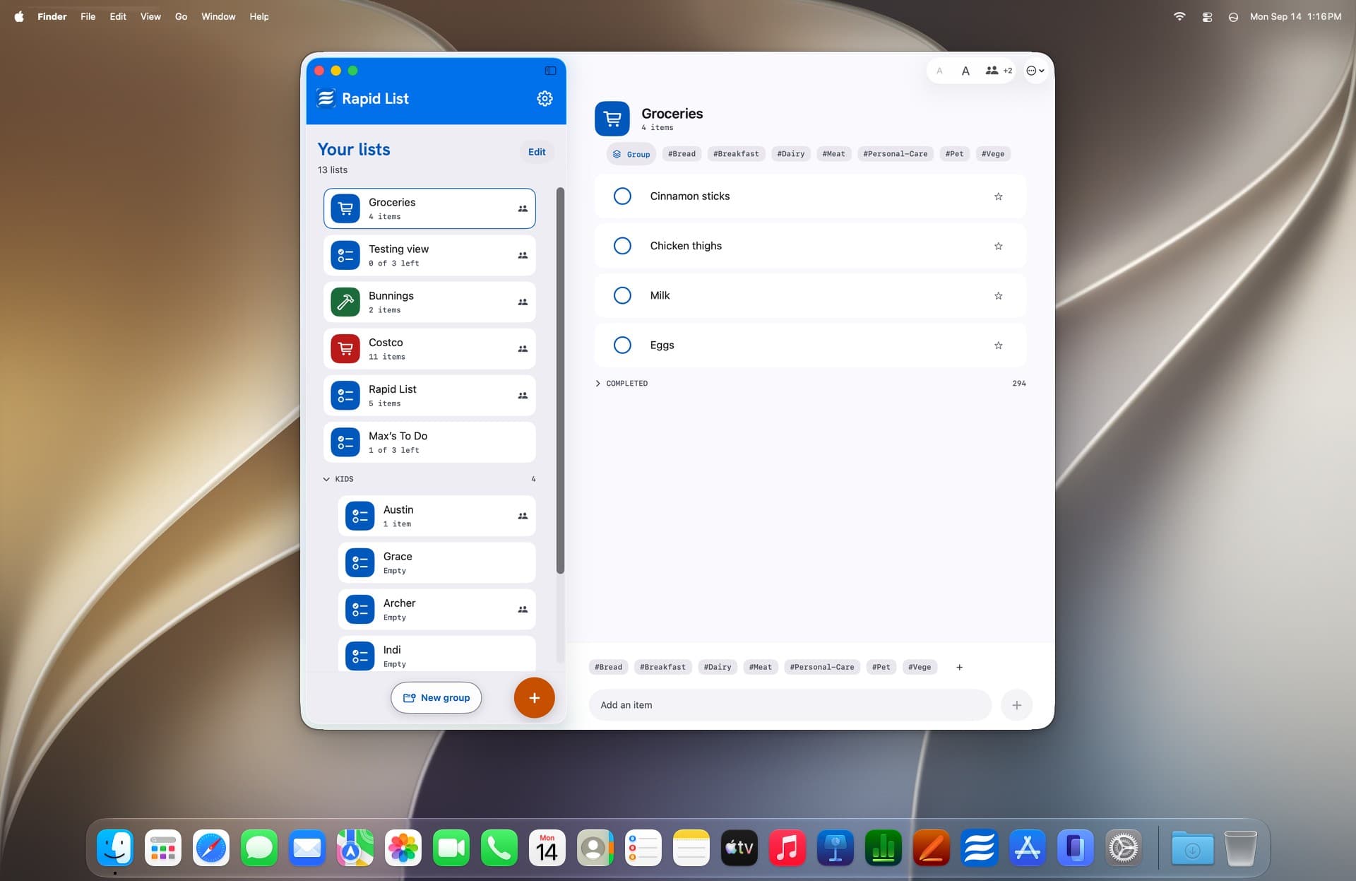 Rapid List on a Mac: your lists in the sidebar beside Groceries, sorted by tag